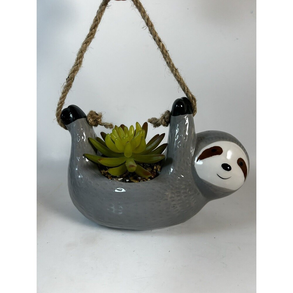 Ceramic Baby Sloth Planter Hanging Sloth Faux Succulent Room Decor 8”